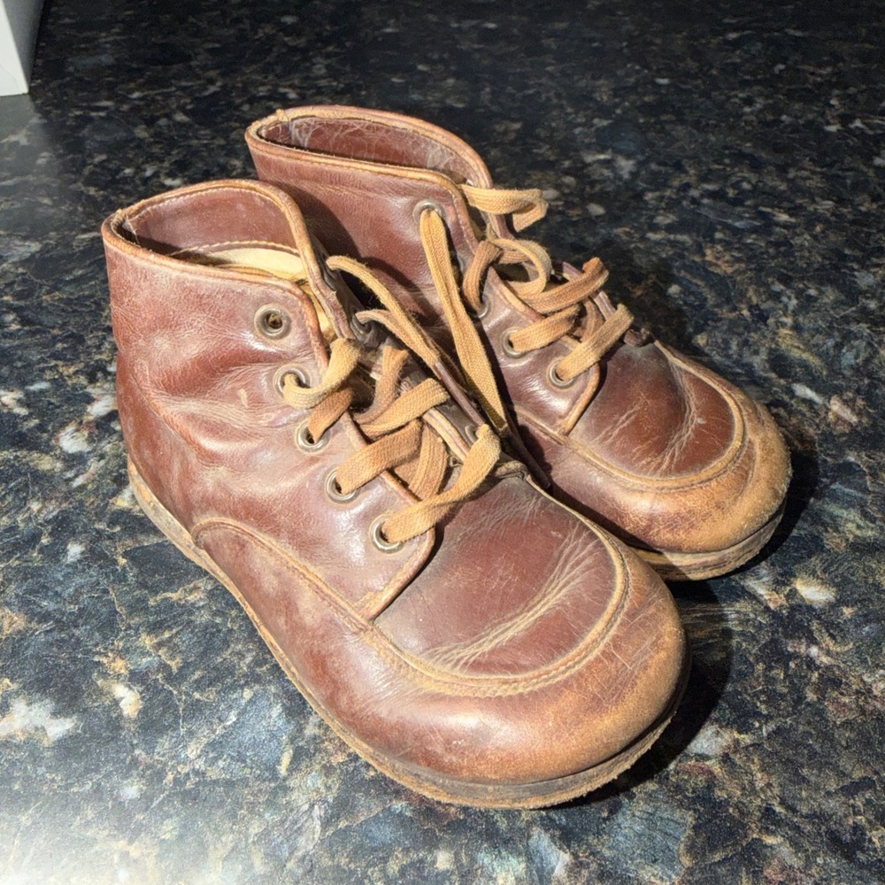 Vintage Poll-Parrot Brown Leather Baby Boots 1950s High Top Walker Shoes Prop